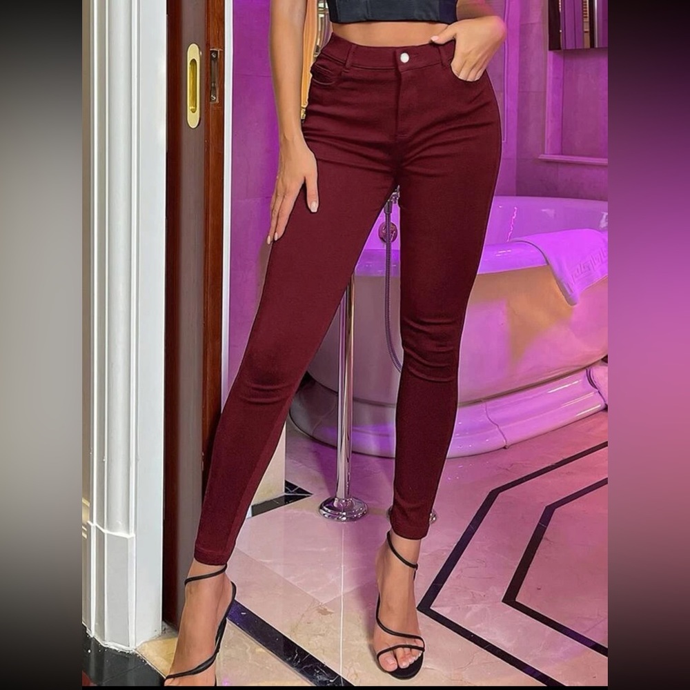 Apperloth A High Waist Skinny Pants Burgundy Size M-6